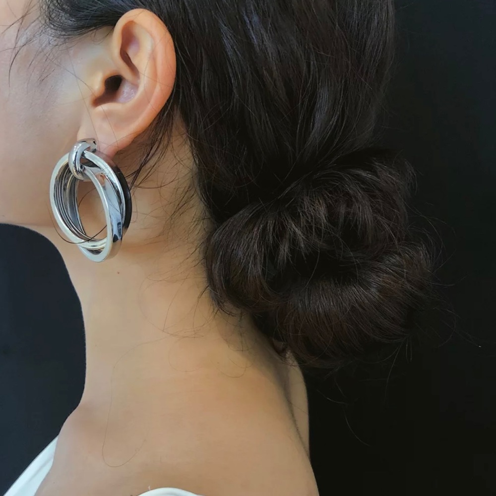 Silver Double Circle Drop Earrings - Picture 3 of 6
